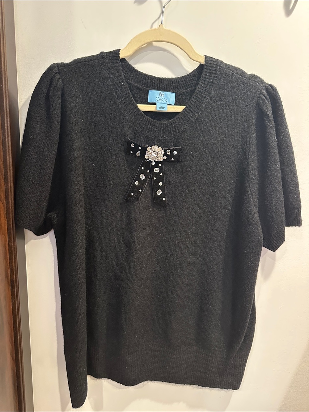 CeCe Black Short-Sleeve Crewneck Sweater with Jeweled Bow